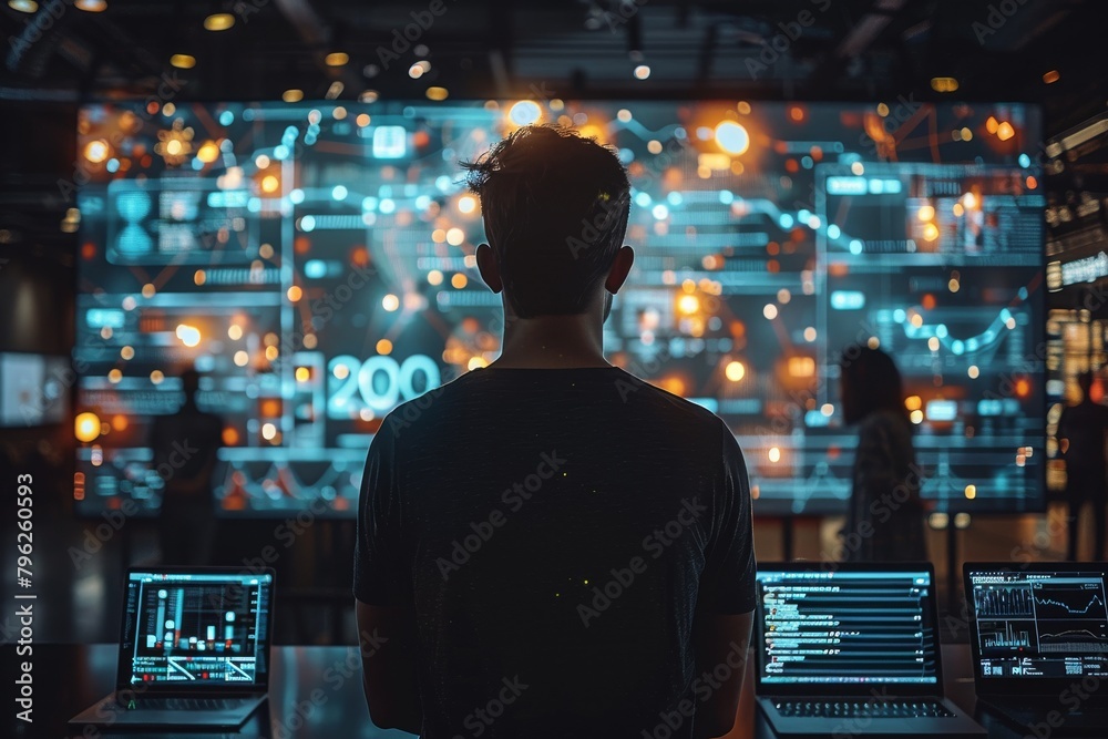 Poster behind-the-scenes view of a man overseeing multiple screens displaying various data analytics and di
