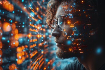 A human silhouette with a blocked face stands before a vibrant abstract backdrop of digital data and circuitry