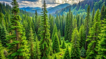Old growth forest of healthy green spruce, fir and pine trees
