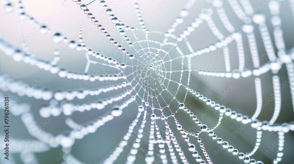 Poster Raindrops clinging to a spiderweb, turning the delicate strands into shimmering threads of silver in the soft light.