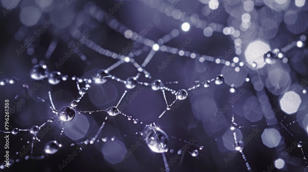Poster Raindrops clinging to a spiderweb, turning the delicate strands into shimmering threads of silver in the soft light.