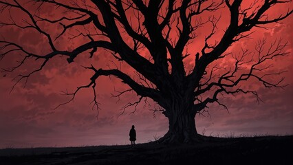 巨大な木と人物のシルエット,Generative AI AI画像