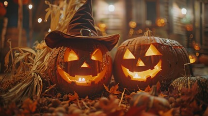 Jack-o'-lanterns glowing on Halloween night with witch hat and rustic autumn décor