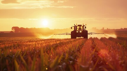 Fototapeta premium A tractor spraying water on a field at sunset. Suitable for agricultural concepts