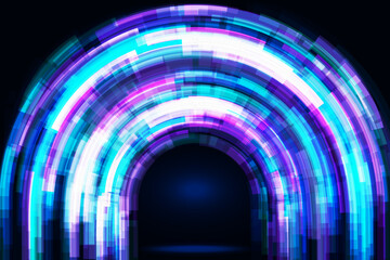 Neon arch gates. Abstract vector futuristic shining background in the form of curved blue and purple stripes. Techno glowing gate portal with arch. Cyberpunk background with galaxy space light effect.