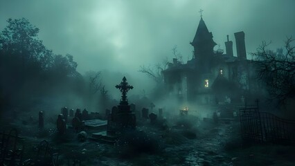 Spooky image of haunted mansion and graveyard evoking a sense of fear. Concept Halloween, Spooky, Haunted Mansion, Graveyard, Fear