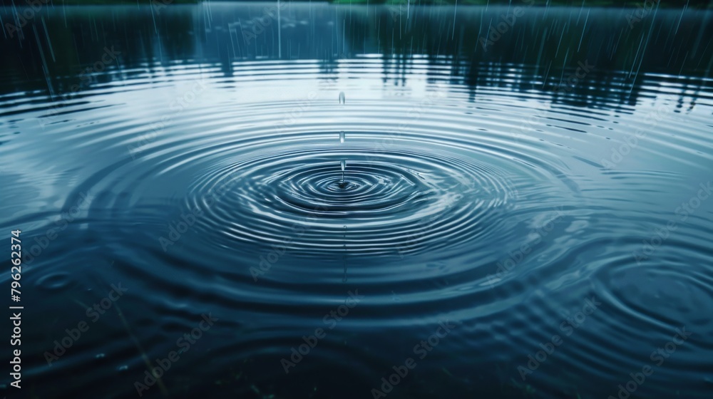 Poster Raindrops falling on a tranquil lake, creating concentric circles that ripple outwards into the calm water.