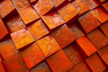 A captivating 3D texture of overlapping orange squares, each with its unique pattern and depth, creating a visually striking composition.