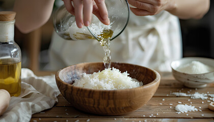 Woman adding vinegar into boiled rice on wooden table