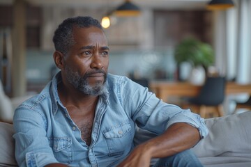 Obraz premium A mature man with a beard looking contemplative as he sits alone on a couch in a modern living space