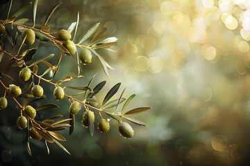 Olive oil, olives and olive branches. AI generative.