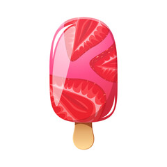 Strawberry ice cream, berry popsicle on a wooden stick with strawberry pieces. Summer cold dessert, frozen juice, berry ice. Vector illustration.