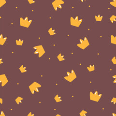 Seamless vector pattern. Cute royal crowns on brown background . Vector illustration