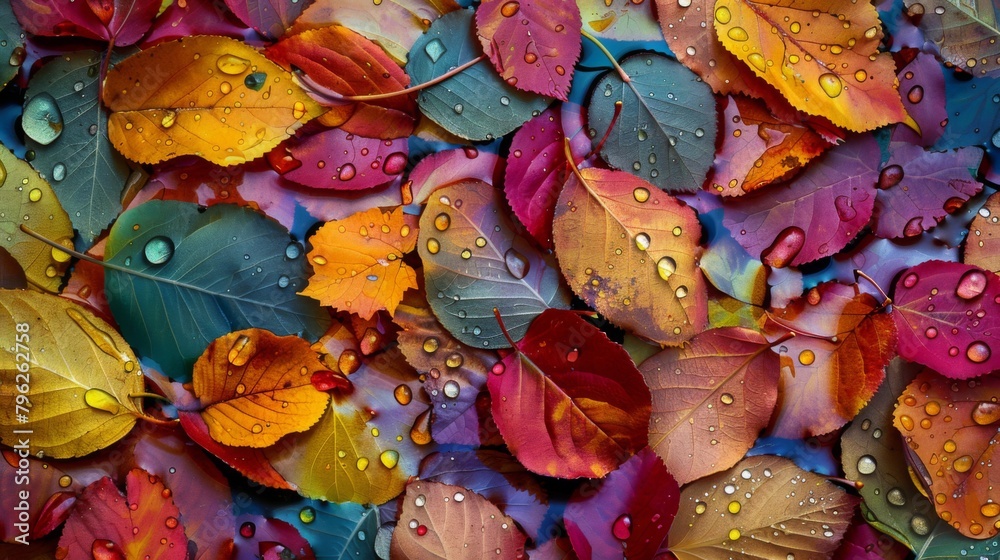 Poster raindrops falling on colorful autumn leaves, creating a shimmering mosaic of nature's palette under 