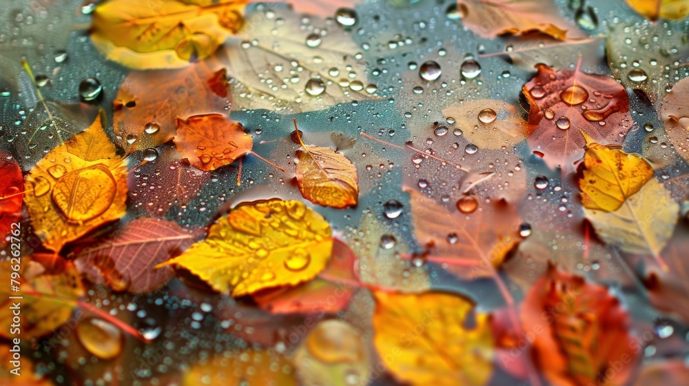 Poster raindrops falling on colorful autumn leaves, creating a shimmering mosaic of nature's palette under 