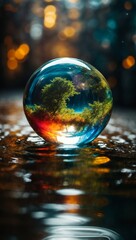 Vibrant colors and volumetric light create a mesmerizing portrayal of Earth within a water drop - obrazy, fototapety, plakaty