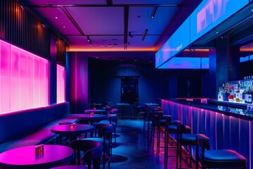 A futuristic bar with sleek, minimalist design and empty holographic menus floating above the tables, Generative AI