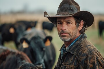 Fototapeta premium A cowboy with a stern expression and a dirty hat stands in a field, closely watching over the cattle behind him