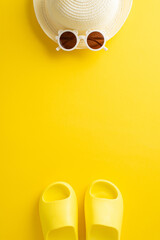 Bright sunhat and sunglasses paired with yellow flip-flops on a vivid vertical yellow background,...