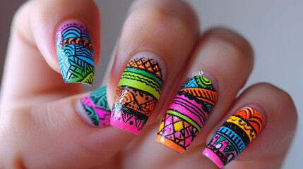 Bold and colorful nail art designs showcasing intricate patterns and textures.