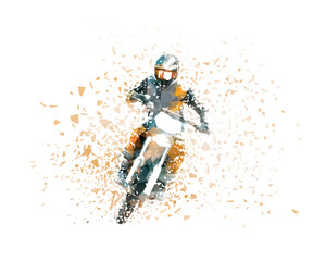 Motocross rider, MX racing, isolated low poly vector illustration with shatter effect, front view
