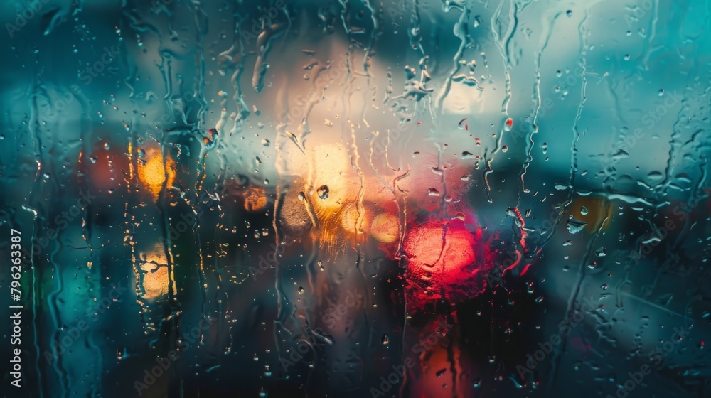 Aufkleber raindrops streaming down a windowpane, distorting the view outside into a dreamy and abstract painti