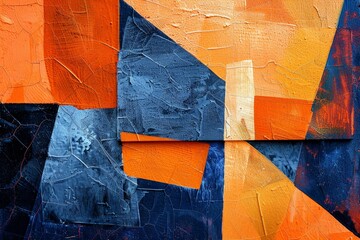 Vibrant orange and deep blue geometric shapes merging seamlessly, creating an intriguing abstract...