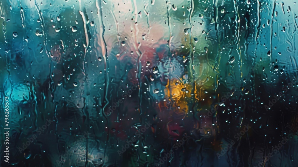 Aufkleber raindrops streaming down a windowpane, distorting the view outside into a dreamy and abstract painti