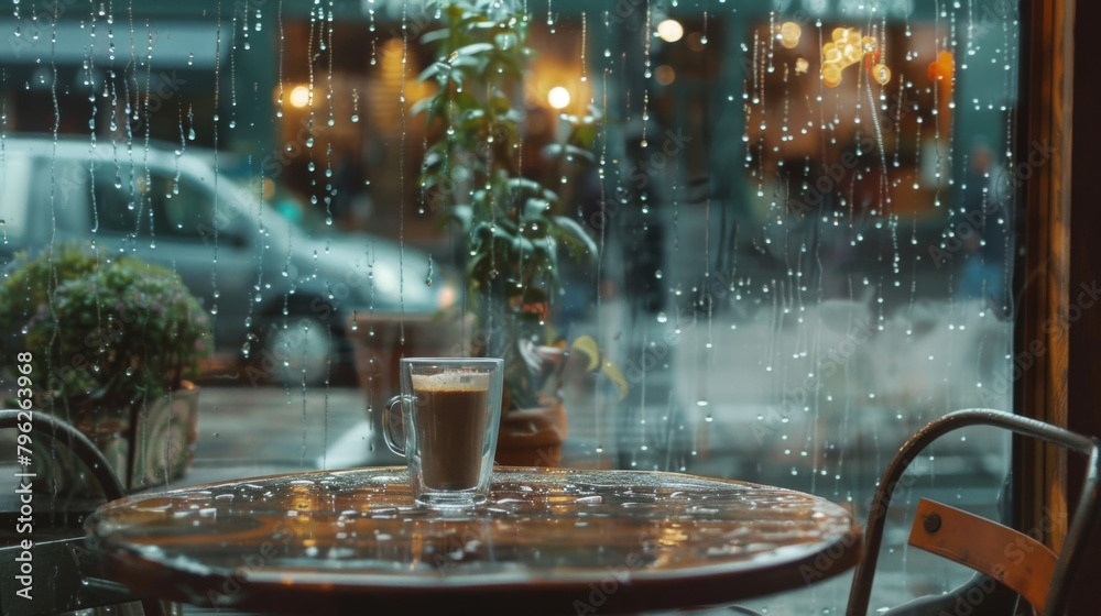 Poster raindrops trickling down the windowpane of a cozy cafe, creating a soothing backdrop for patrons to 