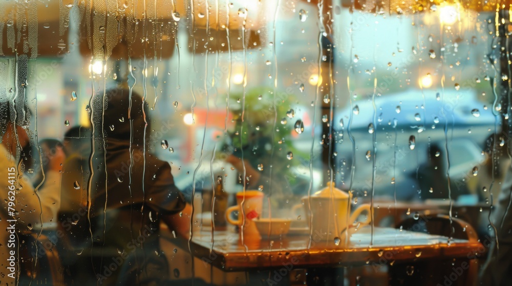 Poster raindrops trickling down the windowpane of a cozy cafe, creating a soothing backdrop for patrons to 