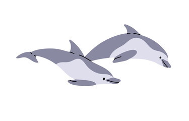 Pair of Atlantic bottlenose dolphins. Cute underwater animals with fins move, swimming and jump from water. Sea wildlife, sealife, ocean fauna. Flat isolated vector illustration on white background