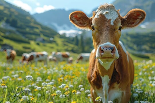 This vibrant image showcases a close-up of a cow with a backdrop of a sunlit, green hillside and other cows grazing