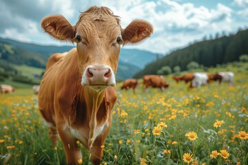 A close-up of a brown cow with a gentle expression standing amidst vibrant yellow flowers on a sunny day in a tranquil field