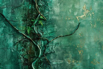 Vibrant emerald tendrils intertwining with weathered, textured surfaces in a stylish green grunge tableau.