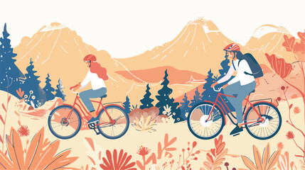 Young woman and man ride the bike. Summer moutain lan