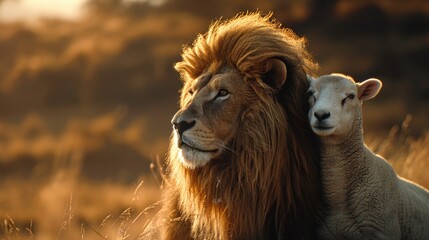 A lion and a lamb peacefully coexisting in a field. Suitable for various nature and wildlife themes