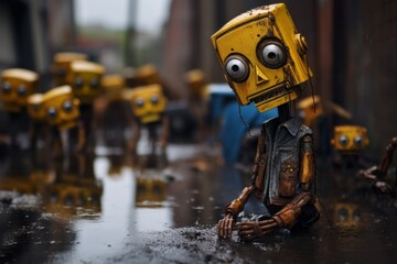 Group of Yellow and Black Toy Figures in the Rain