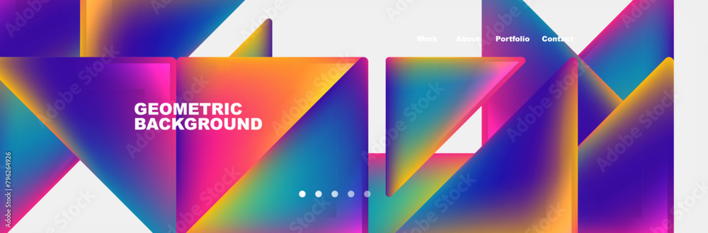 Poster a vibrant geometric background featuring colorful triangles and lines in shades of orange, violet, m