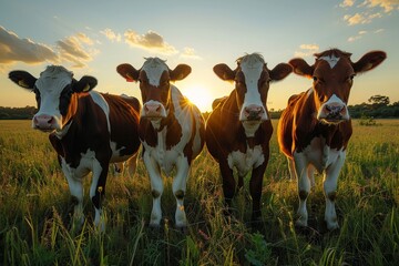 Five cows stand majestically in a field with the glow of the setting sun behind them, showcasing the beauty of farm life