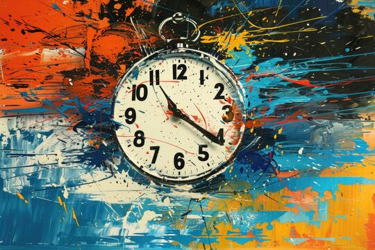 A clock covered in colorful paint splatters, perfect for artistic concepts