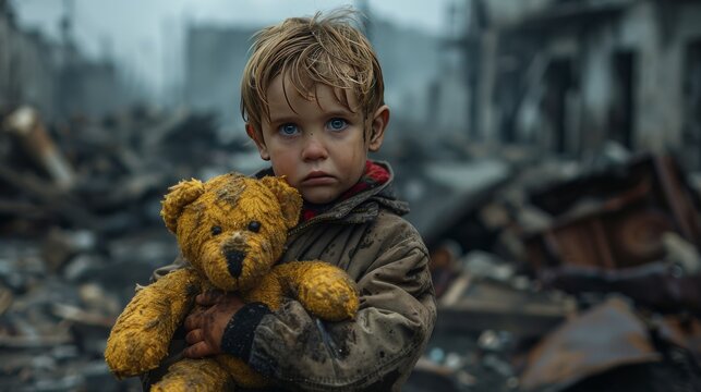 A child clutching a tattered teddy bear amidst the chaos of war, their innocent eyes betraying a sense of loss beyond their years.