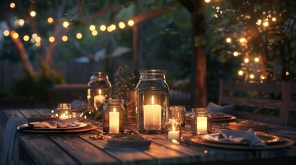 Fototapeta na wymiar Soft candlelight illuminating a rustic outdoor dinner table, with mason jar lanterns casting a warm and romantic glow for a cozy evening meal.