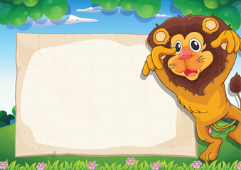 Cartoon lion beside a large empty sign.