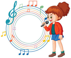 Cartoon girl singing into a microphone with notes.