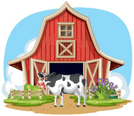 Vector illustration of a cow in front of a barn.