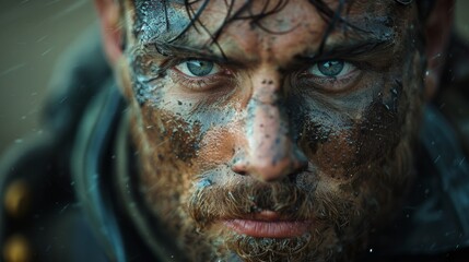 Close up on face of soldier's portrait, showcasing the physical and emotional toll of enduring hardships on the frontline.