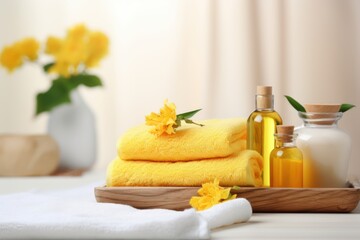 Obraz na płótnie Canvas Stack of soft yellow towels, body lotion, and a vibrant yellow tropical flower - spa concept