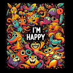 Ai generates a funny design of crazy animals with vibrant color and text says "I M Happy"