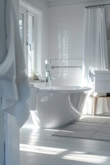 A white bath tub next to a window, suitable for home decor websites