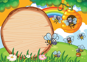 Colorful illustration of bees enjoying a sunny day.